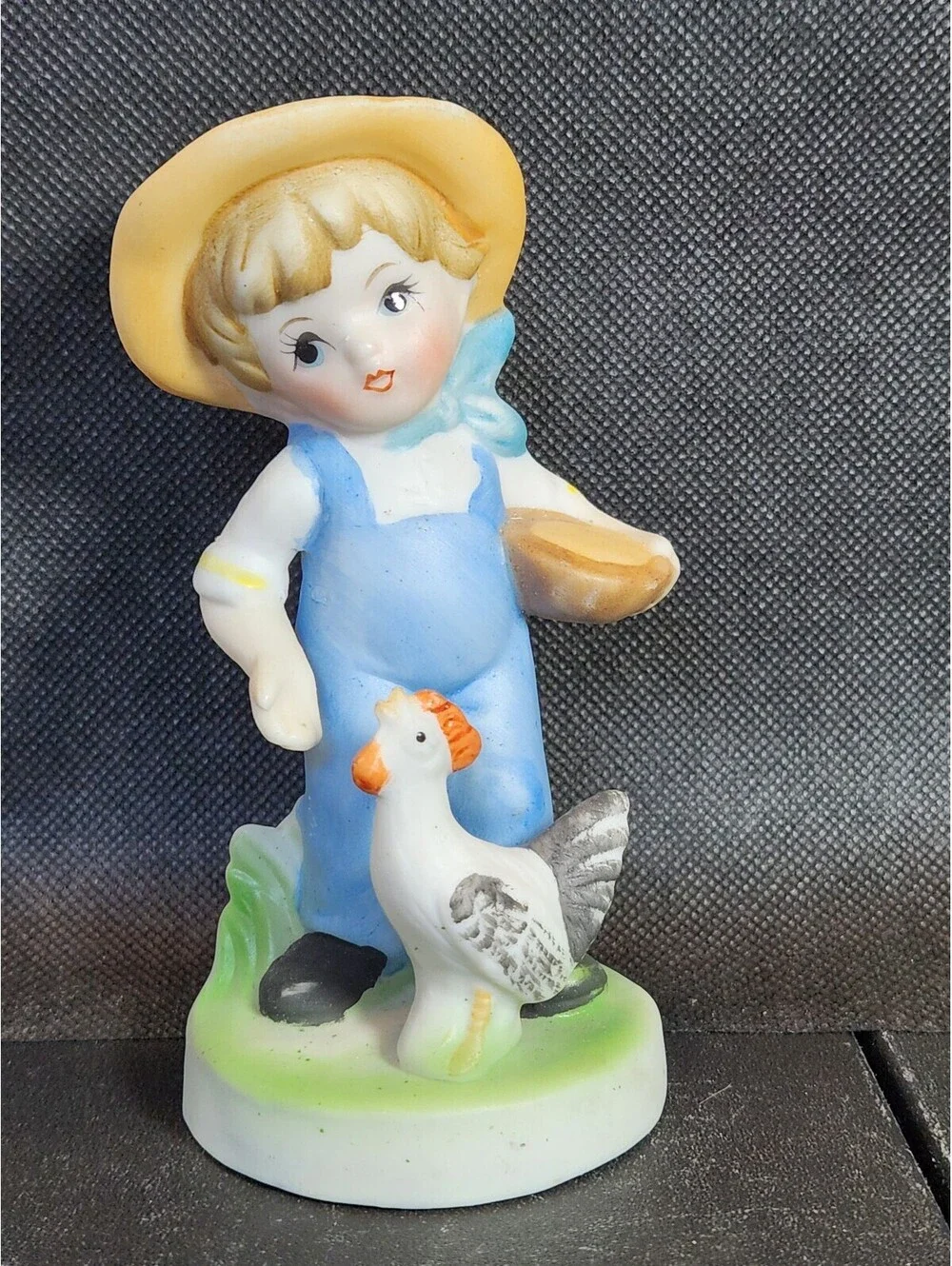Porcelain Figurine Boy Blue Overalls Straw Hat Feeding Chicken Nursery Farm VTG